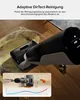 A vacuum cleaner head is shown cleaning a spill on a wooden floor, with an inset graphic illustrating the cleaning process and a graph. Produktbild-Vorschau