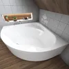 A white corner bathtub is shown in a bathroom with tiled walls and a wooden ceiling. Produktbild-Vorschau