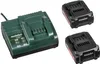 A Metabo battery charger and two batteries are shown against a white background. Podgląd zdjęcia produktu