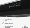 A close-up of the control panel of a black kitchen range hood, with icons and buttons visible. Below the product, there are bullet points with icons detailing features. Podgląd zdjęcia produktu