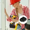 A woman wearing a red plaid shirt and a red hard hat is holding a power tool, with an inset image of a battery adapter. Produktbild-Vorschau