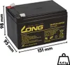 A black battery with yellow branding and dimensions indicated by white lines and text. Voir les images du produit
