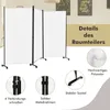 A product image showcasing a white, three-panel room divider on wheels, with accompanying detail shots and text highlighting its features. Anteprima dell’immagine prodotto