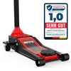 A red and black hydraulic car jack is shown on a white background, with a promotional badge on the right. Produktbild-Vorschau