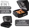 A collage of images showcasing a black air fryer and grill with text overlays highlighting its features and capacity. Produktbild-Vorschau