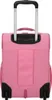 The back view of a pink rolling suitcase with a retractable handle and wheels. Produktbild-Vorschau