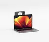 A smartphone is attached to the top of an open laptop, both on a white background. Produktbild-Vorschau