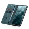 A teal flip case wallet for a smartphone is shown open, with the phone displaying the time and date. The wallet section contains cards and a banknote. Produktbild-Vorschau