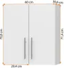A white kitchen cabinet with two doors and silver handles, with dimensions indicated by orange lines and text. Produktbild-Vorschau