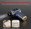 A blue and gold portable vacuum cleaner is shown in use, with accompanying images demonstrating its effectiveness in compressing storage items like clothing and pillows. Produktbild-Vorschau