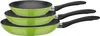 A stack of three green frying pans with black handles, shown against a white background. Produktbild-Vorschau