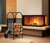A fireplace with a fire burning, next to a firewood rack filled with logs. Podgląd zdjęcia produktu