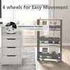 A narrow storage cart with shelves is shown next to a white drawer unit, highlighting its mobility and storage capacity. Podgląd zdjęcia produktu