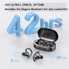 A product image showcasing wireless earbuds and their charging case, with large numbers indicating battery life. Produktbild-Vorschau