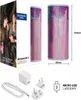 Product packaging with a speaker and accessories, along with dimensions. Produktbild-Vorschau