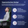 A man is sitting in an ergonomic gaming chair, with feature callouts and descriptions on the right side of the image. Produktbild-Vorschau