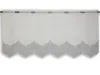 A white sheer curtain with a grey embroidered heart pattern along the bottom edge, hanging from a curtain rod. Produktbild-Vorschau