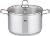 A stainless steel pot with a glass lid and red trim. Anteprima dell’immagine prodotto