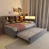 A bedroom scene featuring a multifunctional sofa bed with integrated storage and lighting. Podgląd zdjęcia produktu