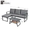 A diagram showing the dimensions of a grey outdoor furniture set, including a sofa with an attached chaise lounge and a coffee table. Voir les images du produit