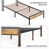 Two images of a metal bed frame with wood-effect accents, one showing the full frame and the other a close-up of the legs and headboard. Náhľad obrázku produktu