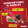 A red background with a lawnmower and text callouts highlighting its features. Produktbild-Vorschau