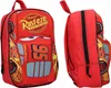 A red backpack with Lightning McQueen graphics from the movie Cars is shown from the front and side. Produktbild-Vorschau