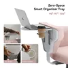 A pink office chair with a laptop tray attached to the armrest, holding a laptop and a coffee cup. Podgląd zdjęcia produktu