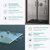 A collage of images showing a shower door, a close-up of glass with balls, and diagrams illustrating product features and tests. Produktbild-Vorschau