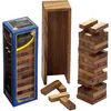 A Jenga-like game with wooden blocks, its packaging, and a wooden tower structure, all set against a white background. Podgląd zdjęcia produktu