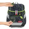 Hands are shown attaching decorative patches to a backpack. The backpack has a dark, patterned design with green accents. Produktbild-Vorschau