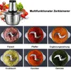 A collage of images showing a food processor and various ingredients being processed. Produktbild-Vorschau
