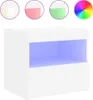A white nightstand with LED lighting is shown against a white background. Above the nightstand are four circular insets showing different color options for the LED lights. Produktbild-Vorschau