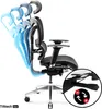 A black ergonomic office chair with adjustable features is shown against a white background. The image highlights the chair's adjustability with blue overlays and a close-up inset of the armrest controls. Voir les images du produit