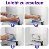 A four-panel instructional image showing how to replace a dust bag in a robot vacuum cleaner base station. Produktbild-Vorschau