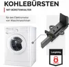 A washing machine and a close-up of carbon brushes with a holder, along with a durability icon. Produktbild-Vorschau