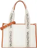 A white canvas tote bag with brown leather trim and handles, featuring the "VALENTINO" logo printed vertically on straps. Anteprima dell’immagine prodotto