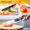 A collage of images showing different types of knives being used to prepare food, with text overlays describing the knives. Produktbild-Vorschau