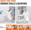 Collage of two lifestyle images showing people using a shower stool in a bathroom, with marketing text and icons at the top and bottom. Podgląd zdjęcia produktu