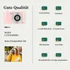 A marketing image showcasing a pink retro-style digital camera with various feature icons and descriptions. Produktbild-Vorschau