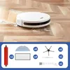 A robot vacuum cleaner is shown cleaning a wooden floor, with a set of replacement parts displayed below. Produktbild-Vorschau