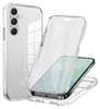 A transparent phone case is shown in two configurations: one enclosing a smartphone, and another showing the back of a smartphone with a case on it. Produktbild-Vorschau