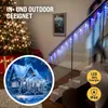 A person walking up stairs decorated with blue icicle lights, with a Christmas tree and a snowy house illustration in the background. Produktbild-Vorschau