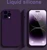 A dark purple iPhone 15 Pro silicone case is displayed from multiple angles, alongside a mockup of the phone screen. Produktbild-Vorschau