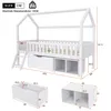 Diagrams and dimensions of a white house-shaped bed with storage. Includes separate diagrams for a storage box and storage cubes. Voir les images du produit