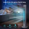 A couple sleeping in bed with a tower fan blowing air towards them, with icons and text overlay indicating features. Produktbild-Vorschau