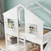 A white bunk bed with a house-like structure, complete with a roof and windows, is shown in a bedroom setting. Náhled obrázku produktu