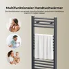 A collage of lifestyle images showing people using towels, next to a product image of a towel warmer. Produktbild-Vorschau