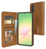A brown leather flip case for a smartphone, open to reveal card slots and a photo, with the smartphone inside displaying a colorful screen. Produktbild-Vorschau