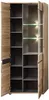 Vitrine BELLANO Viking Oak Nature mit LED, geöffnete Türen zeigen beleuchtete Glasböden und unterteilte Fächer. Produktbild-Vorschau